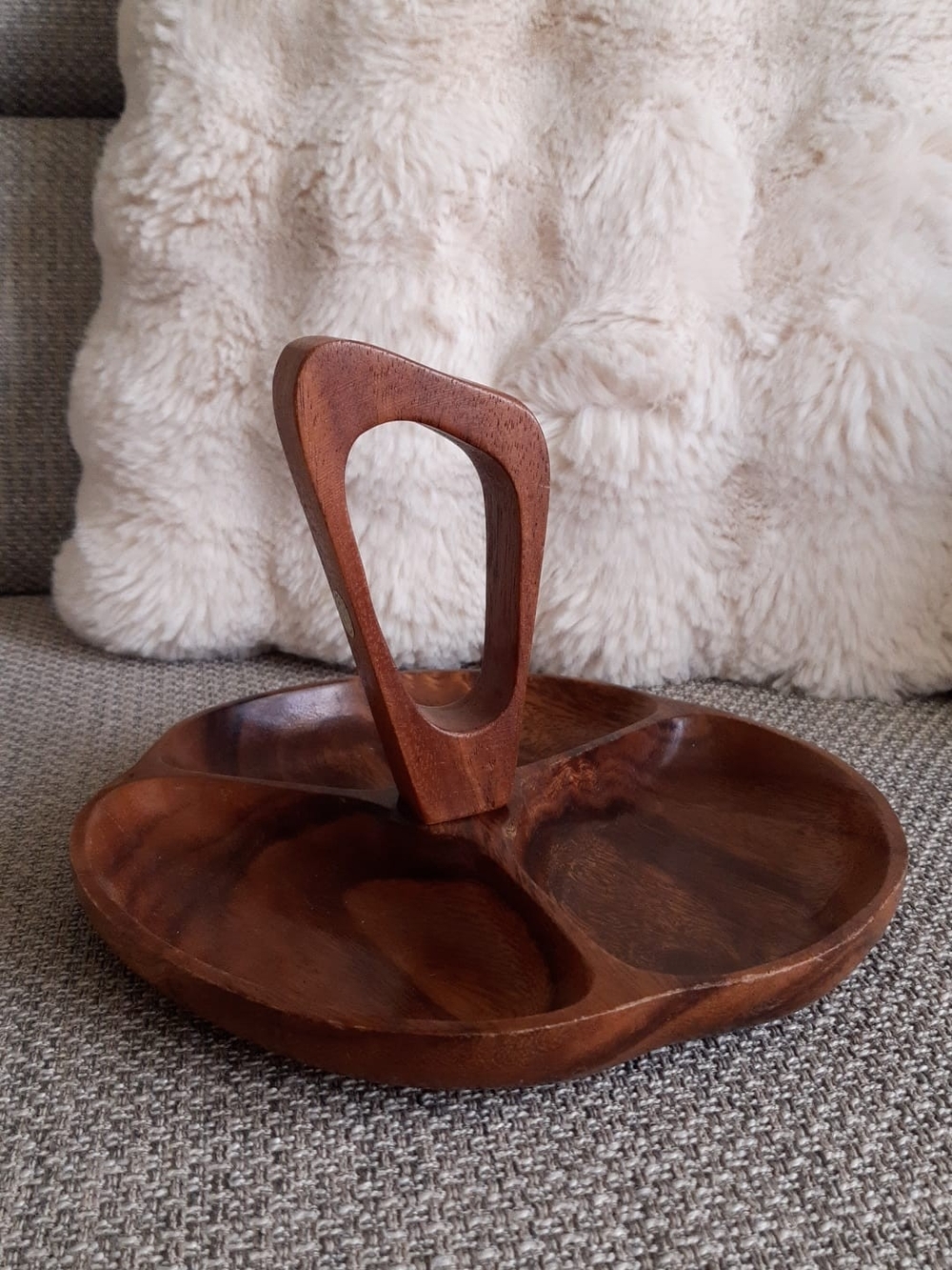 Vintage Teak Wooden Divided Serving Tray with Center Handle